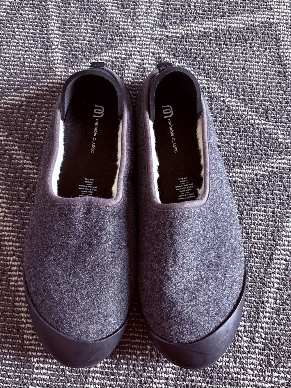 Mahabis Classic Slipper Shoe Gray Wool Removable Soles Slip On Size 43 EU Unisex